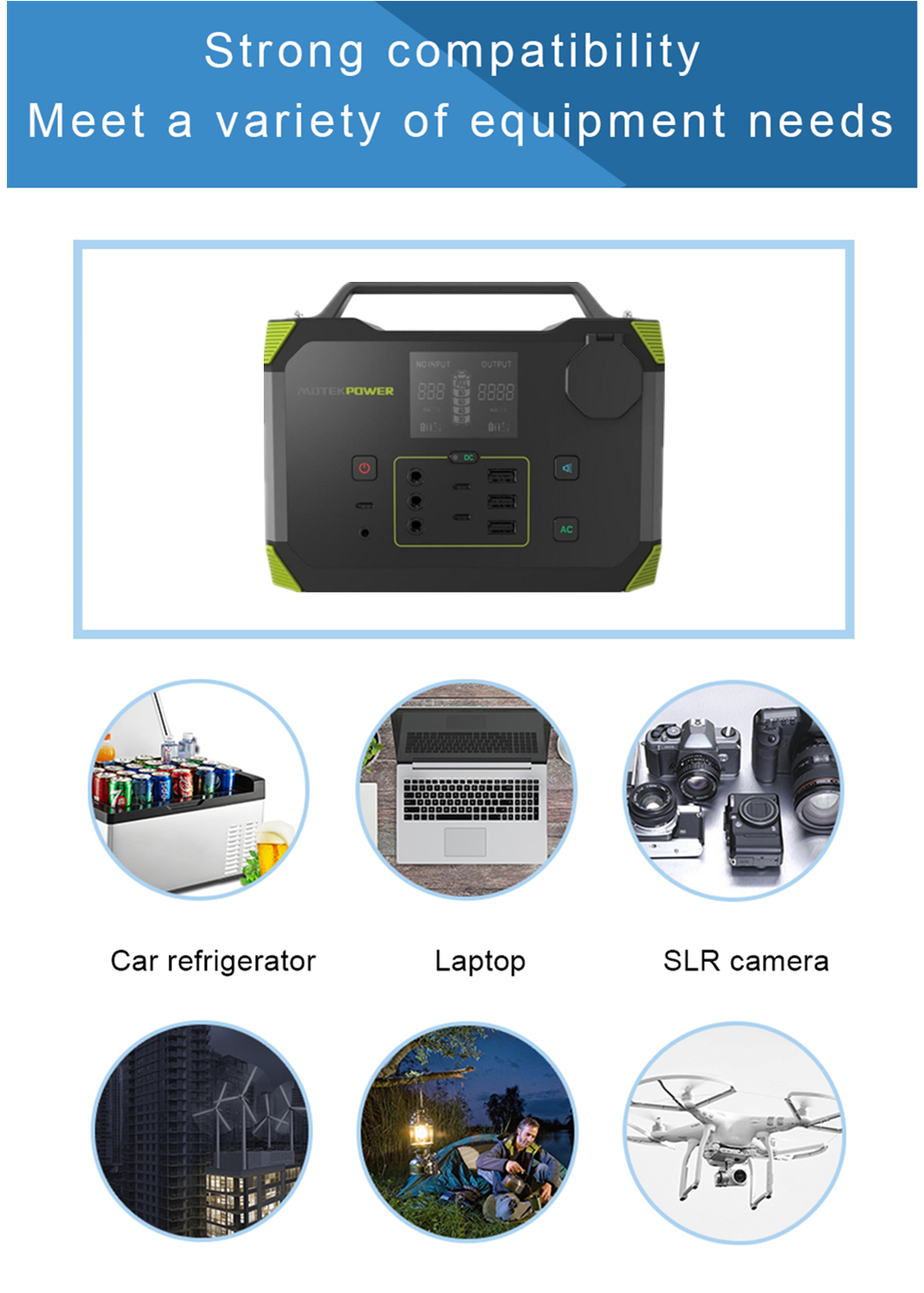 outstandingly compatible with various outdoor power equipments like car refrigerator, laptop, camera, drones, wild camping and suburban power outage