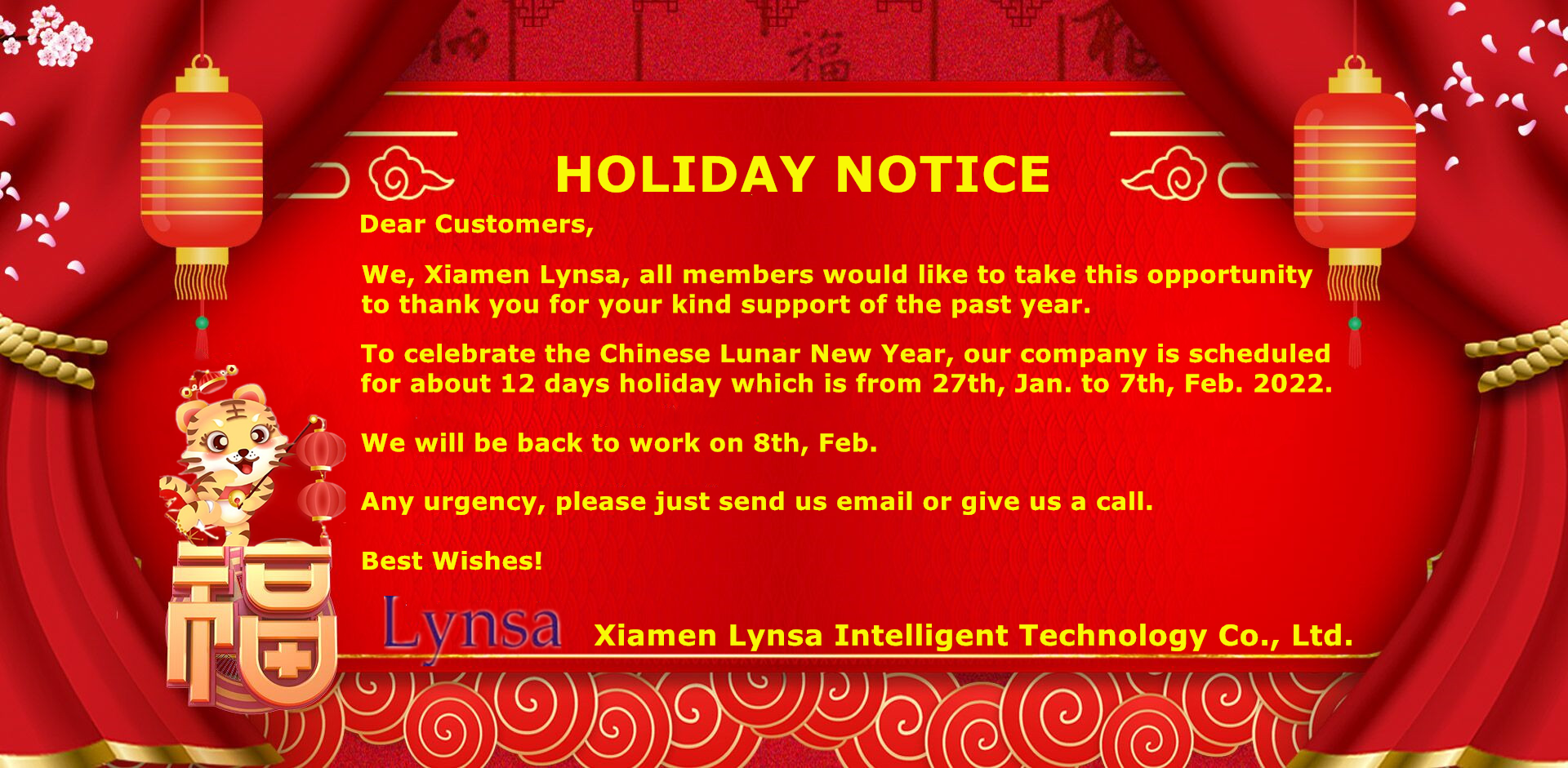 2022 Chinese New Year Holiday Notice, Year of the Tiger