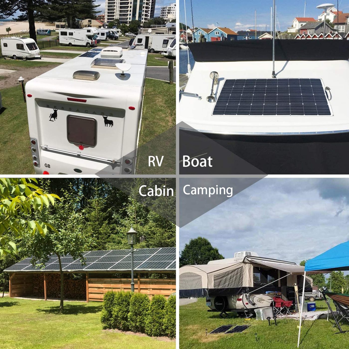 flexible solar panel application on RVs, boat,cabin and camping