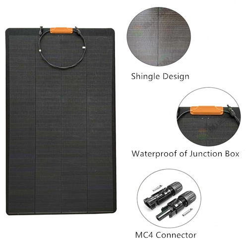 flexible shingled solar panel product details showing shingle design, waterproof of junction box and MC4 connector