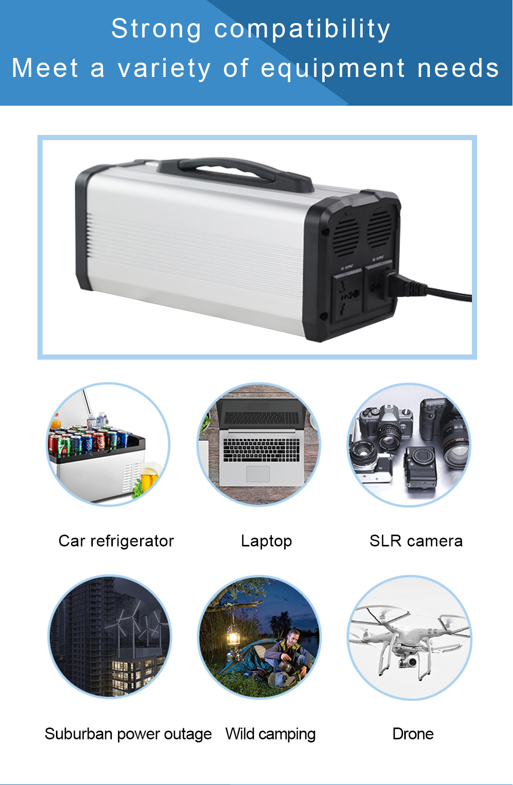 outstandingly compatible with various outdoor power equipments like car refrigerator, laptop, camera, drones, wild camping and suburban power outage