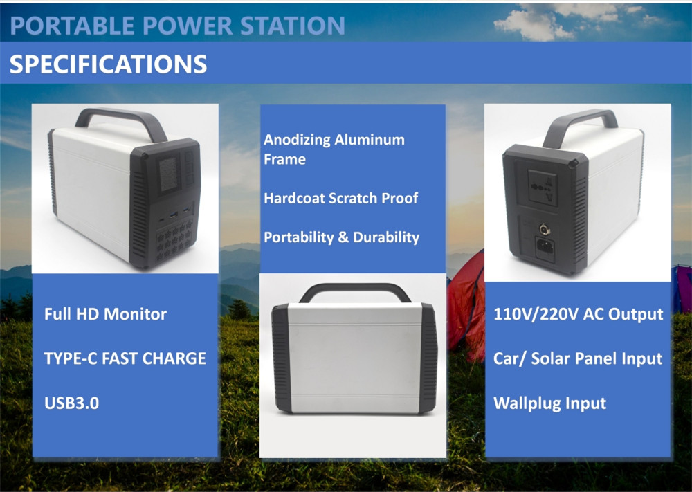 specifications 500W solar generator appearance details and input, output ports